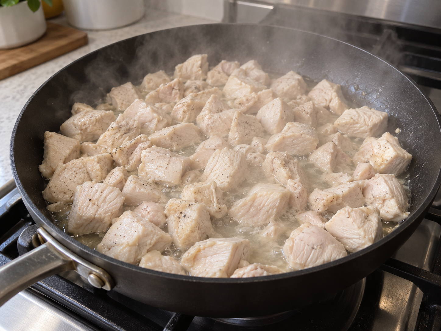 Overcrowded pan causing pale steaming food